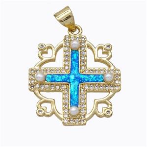 Copper Cross Pendant Pave Blue Fire Opal 18K Gold Plated, approx 20mm [FN45188]