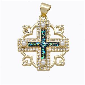 Copper Cross Pendant Pave Multicolor Fire Opal 18K Gold Plated, approx 20mm [FN45189]