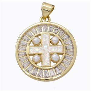 Copper Cross Pendant Pave Zirconia White Fire Opal Circle 18K Gold Plated, approx 21mm [FN45190]
