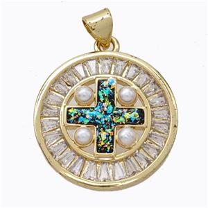 Copper Cross Pendant Pave Zirconia Multicolor Fire Opal Circle 18K Gold Plated, approx 21mm [FN45191]
