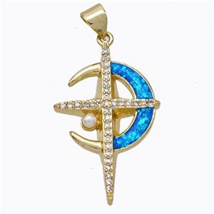 Copper Moon Pendant Pave Blue Fire Opal Cross 18K Gold Plated, approx 18-30mm [FN45193]
