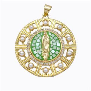 Virgin Mary Charms Copper Circle Pendant Pave Shell Resin 18K Gold Plated, approx 30mm [FN45198]