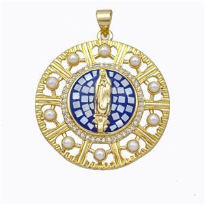 Virgin Mary Charms Copper Circle Pendant Pave Shell Resin 18K Gold Plated, approx 30mm [FN45199]