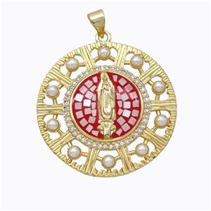 Virgin Mary Charms Copper Circle Pendant Pave Shell Resin 18K Gold Plated, approx 30mm [FN45200]