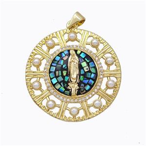 Virgin Mary Charms Copper Circle Pendant Pave Abalone Shell Resin 18K Gold Plated, approx 30mm [FN45201]