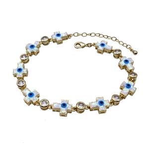 Copper Cross Bracelet Evil Eye Pave White Fire Opal 18K Gold Plated, approx 9-11mm, 17-22cm length [FN45212]