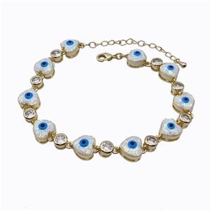 Copper Heart Bracelet Evil Eye Pave White Fire Opal 18K Gold Plated, approx 9mm, 17-22cm length [FN45213]