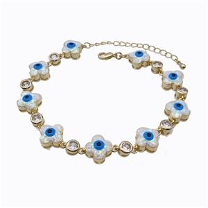 Copper Clover Bracelet Evil Eye Pave White Fire Opal 18K Gold Plated, approx 11mm, 17-22cm length [FN45215]