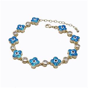Copper Clover Bracelet Evil Eye Pave Blue Fire Opal 18K Gold Plated, approx 11mm, 17-22cm length [FN45216]