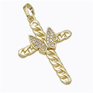 Copper Cross Pendant Pave Zirconia Butterfly Gold Plated, approx 25-33mm [FN45232]