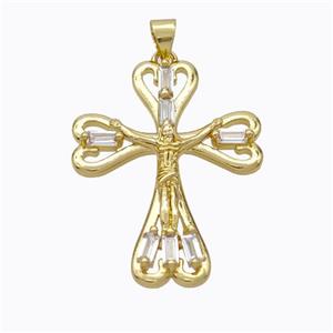 Copper Jesus Crucifix Cross Pendant Pave Zirconia Gold Plated, approx 25-33mm [FN45241]