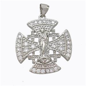 Copper Cross Pendant Pave Zirconia Virgin Mary Platinum Plated, approx 24mm [FN45246]