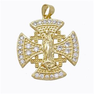 Copper Cross Pendant Pave Zirconia Virgin Mary Gold Plated, approx 24mm [FN45247]