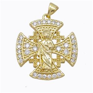 Copper Jesus Cross Pendant Pave Zirconia Gold Plated, approx 24mm [FN45249]