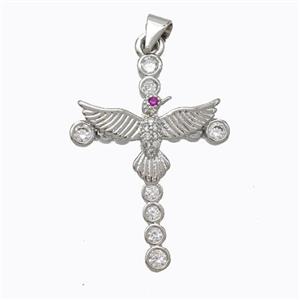 Copper Cross Pendant Pave Zirconia Birds Platinum Plated, approx 21-30mm [FN45250]