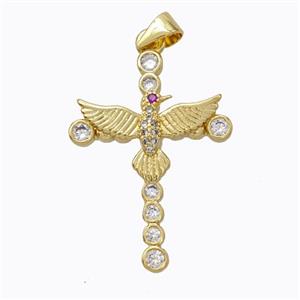 Copper Cross Pendant Pave Zirconia Birds Gold Plated, approx 21-30mm [FN45251]