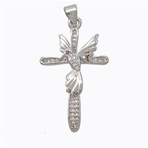 Copper Cross Pendant Pave Zirconia Birds Platinum Plated, approx 19-30mm [FN45252]