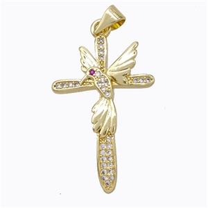 Copper Cross Pendant Pave Zirconia Birds Gold Plated, approx 19-30mm [FN45253]