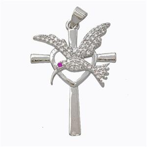 Copper Cross Pendant Pave Zirconia Birds Platinum Plated, approx 23-30mm [FN45254]
