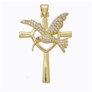 Copper Cross Pendant Pave Zirconia Birds Gold Plated, approx 23-30mm [FN45255]