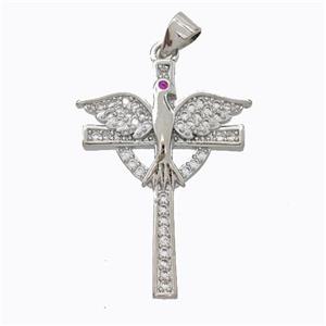 Copper Cross Pendant Pave Zirconia Birds Platinum Plated, approx 22-30mm [FN45256]