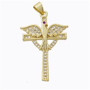 Copper Cross Pendant Pave Zirconia Birds Gold Plated, approx 22-30mm [FN45257]