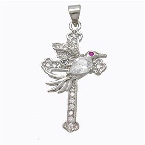 Copper Cross Pendant Pave Zirconia Birds Platinum Plated, approx 20-30mm [FN45258]