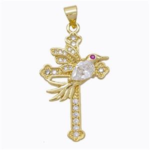Copper Cross Pendant Pave Zirconia Birds Gold Plated, approx 20-30mm [FN45259]