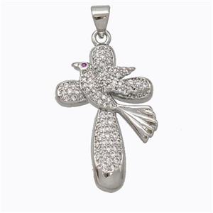 Copper Cross Pendant Pave Zirconia Birds Platinum Plated, approx 20-29mm [FN45260]
