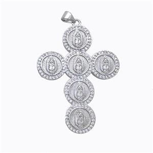 Copper Cross Pendant Pave Zirconia Virgin Mary Platinum Plated, approx 32-42mm [FN45262]
