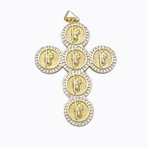 Copper Cross Pendant Pave Zirconia Jesus Gold Plated, approx 32-42mm [FN45269]