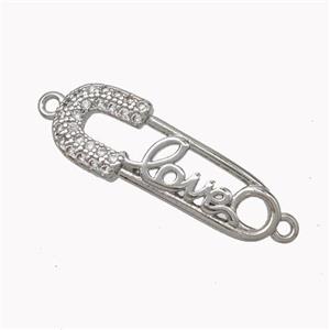 Safe Pins Charms Copper Connector Pave Zirconia LOVE Platinum Plated, approx 7-22mm [FN45387]