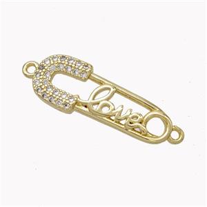 SafetyPin Charms Copper Connector Pave Zirconia LOVE Gold Plated, approx 7-22mm [FN45388]