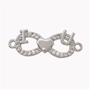Copper Infinity Connector Pave Zirconia I Heart U Platinum Plated, approx 8-18mm [FN45396]
