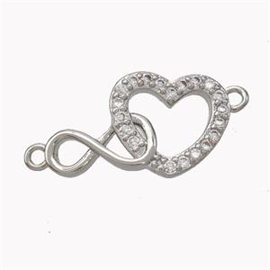 Copper Infinity Heart Connector Micropave Zirconia Platinum Plated, approx 12-20mm [FN45399]