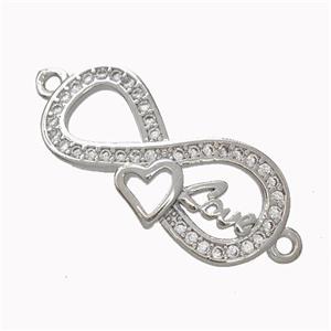 Copper Infinity Connector Micropave Zirconia Heart Love Platinum Plated, approx 11-24mm [FN45420]