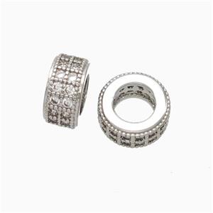 Copper Wheel Beads Micro Pave Zirconia Large Hole Rondelle Platinum Plated, approx 9mm, 5mm hole [FN45616]