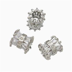 Copper Tube Beads Pave Zirconia Large Hole Platinum Plated, approx 9mm, 4mm hole [FN45634]