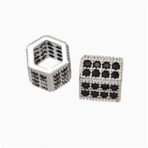 Copper Hexagon Tube Beads Micropave Zirconia Large Hole Platinum Plated, approx 8mm, 5mm hole [FN45642]