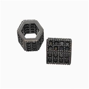 Copper Hexagon Tube Beads Micropave Zirconia Large Hole Black Plated, approx 8mm, 5mm hole [FN45644]