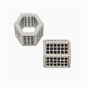 Copper Hexagon Tube Beads Micropave Zirconia Large Hole Platinum Plated, approx 9-10mm, 6mm hole [FN45646]