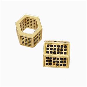 Copper Hexagon Tube Beads Micropave Zirconia Large Hole Gold Plated, approx 9-10mm, 6mm hole [FN45647]