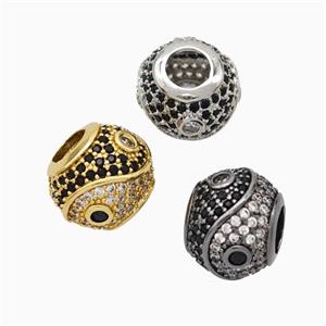 Copper Taichi Beads Micropave Zirconia Yinyang Large Hole Round Mixed, approx 10-11mm, 5mm hole [FN45652]