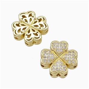 Copper Clover Beads Micropave Zirconia Gold Plated, approx 15mm [FN45678]