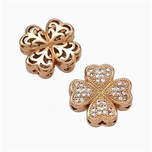 Copper Clover Beads Micropave Zirconia Rose Gold, approx 15mm [FN45679]