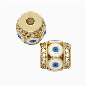 Copper Barrel Beads Pave Zirconia White Enamel Evil Eye Large Hole Gold Plated, approx 11mm, 3mm hole [FN45697]
