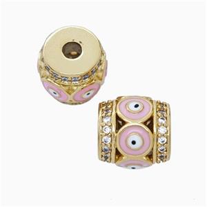 Copper Barrel Beads Pave Zirconia Pink Enamel Evil Eye Large Hole Gold Plated, approx 11mm, 3mm hole [FN45698]