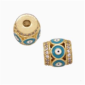 Copper Barrel Beads Pave Zirconia Teal Enamel Evil Eye Large Hole Gold Plated, approx 11mm, 3mm hole [FN45699]