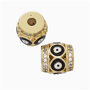 Copper Barrel Beads Pave Zirconia Black Enamel Evil Eye Large Hole Gold Plated, approx 11mm, 3mm hole [FN45700]