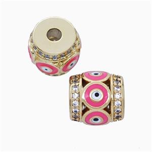 Copper Barrel Beads Pave Zirconia Pink Enamel Evil Eye Large Hole Gold Plated, approx 11mm, 3mm hole [FN45701]